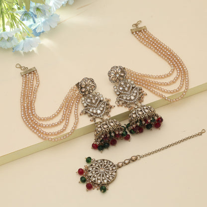 Maroon & Green Color Big Size Jhumka Kundan Earrings Tikka Set Dual Tone Jewelry