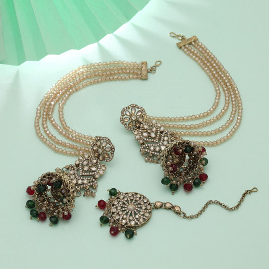 Maroon & Green Color Big Size Jhumka Kundan Earrings Tikka Set Dual Tone Jewelry