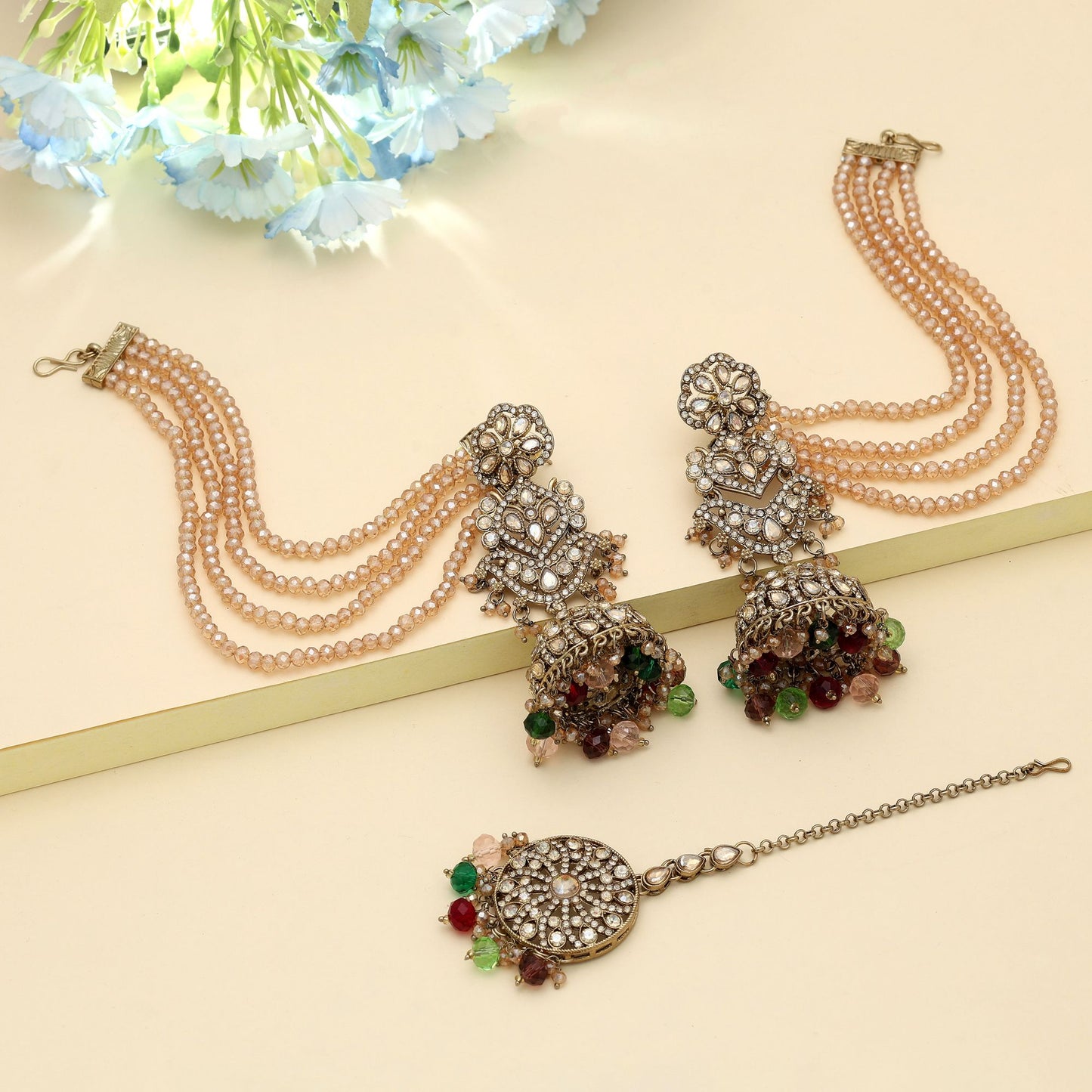 Multi Color Big Size Jhumka Kundan Earrings Tikka Set Stylish Ethnic Wedding Jewelry