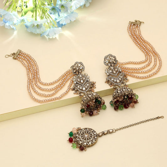 Multi Color Big Size Jhumka Kundan Earrings Tikka Set Stylish Ethnic Wedding Jewelry