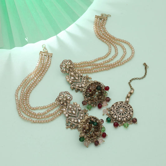 Multi Color Big Size Jhumka Kundan Earrings Tikka Set Stylish Ethnic Wedding Jewelry