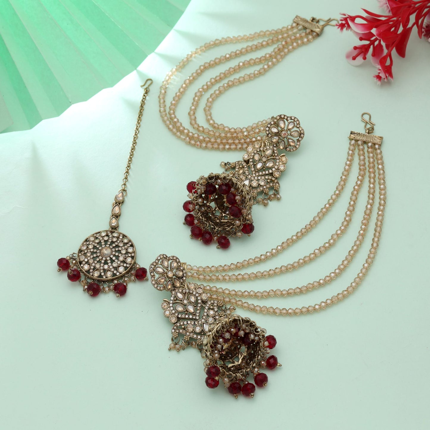 Maroon Color Big Size Jhumka Kundan Earrings Tikka Set Royal Wedding Jewelry Style