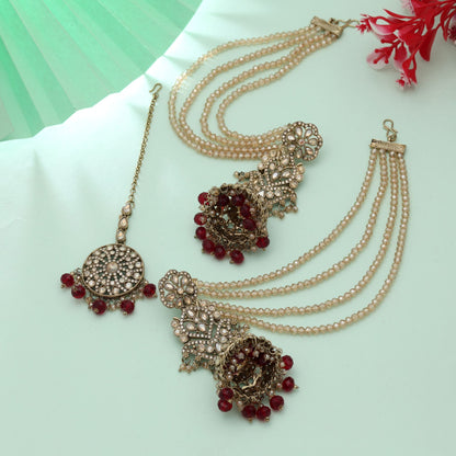 Maroon Color Big Size Jhumka Kundan Earrings Tikka Set Royal Wedding Jewelry Style