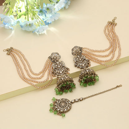 Pista Green Color Big Size Jhumka Kundan Earrings Tikka Set Elegant Festive Jewelry