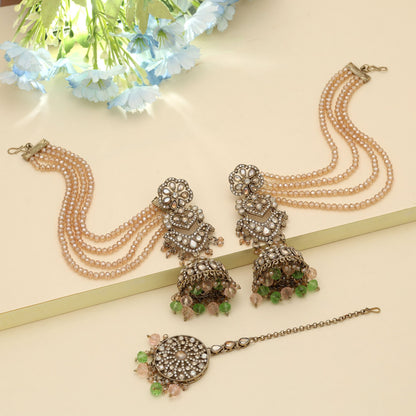 Pista Green & Pink Color Big Size Jhumka Kundan Earrings Tikka Set Dual Tone Jewelry