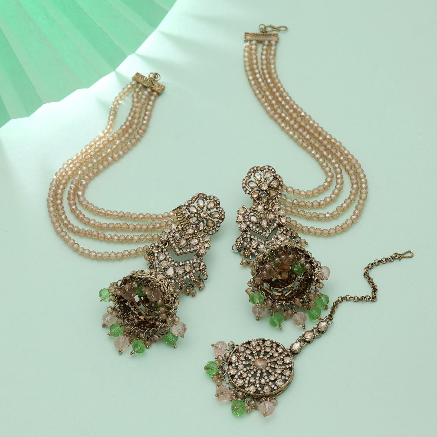 Pista Green & Pink Color Big Size Jhumka Kundan Earrings Tikka Set Dual Tone Jewelry