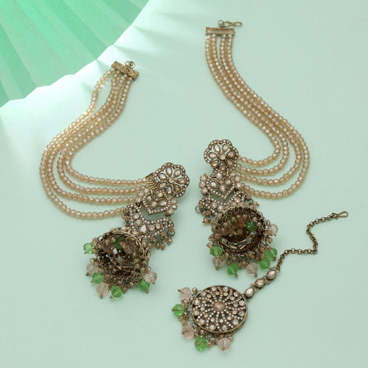 Pista Green & Pink Color Big Size Jhumka Kundan Earrings Tikka Set Dual Tone Jewelry