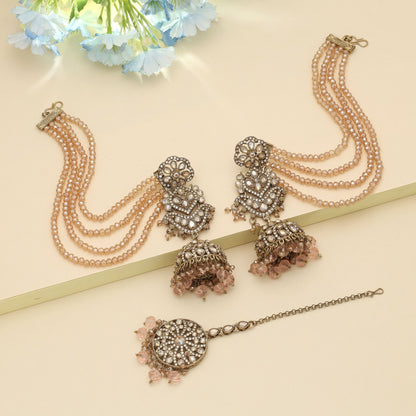 Pink Color Big Size Jhumka Kundan Earrings Tikka Set Feminine Bridal Jewelry Design