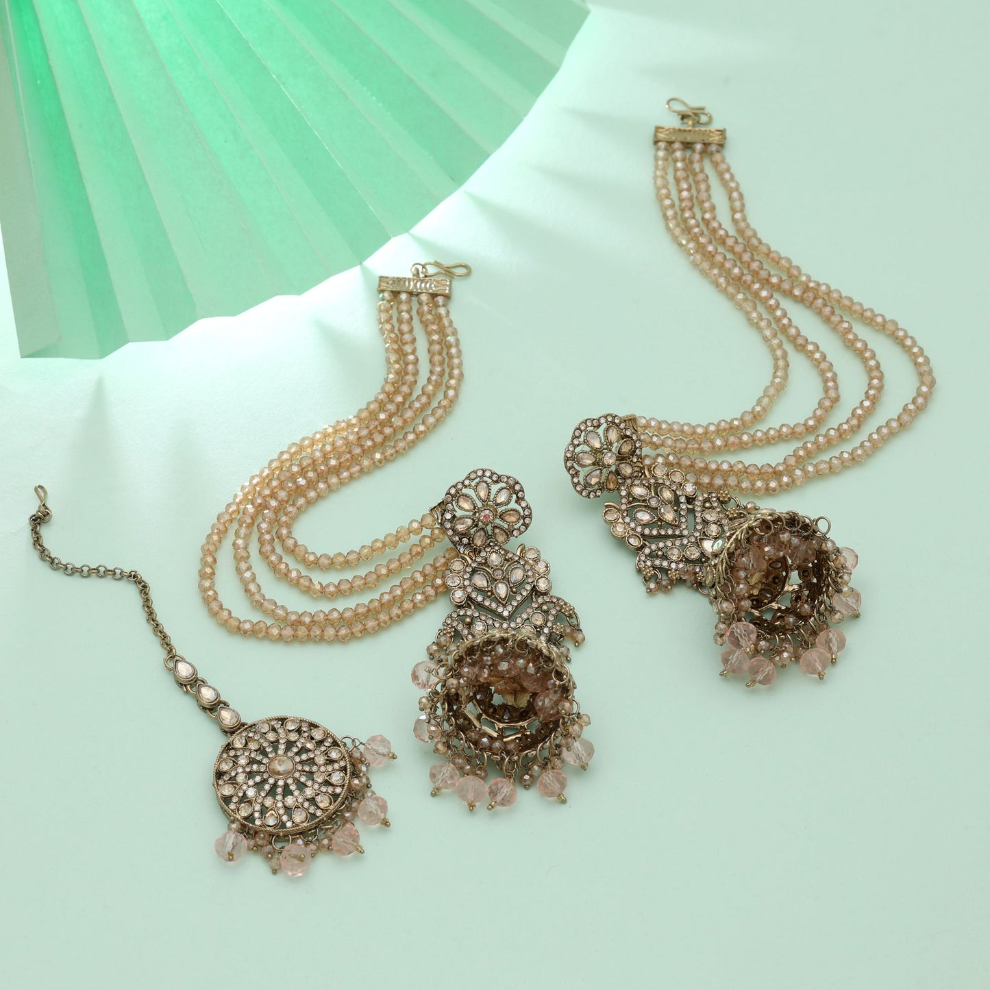 Pink Color Big Size Jhumka Kundan Earrings Tikka Set Feminine Bridal Jewelry Design