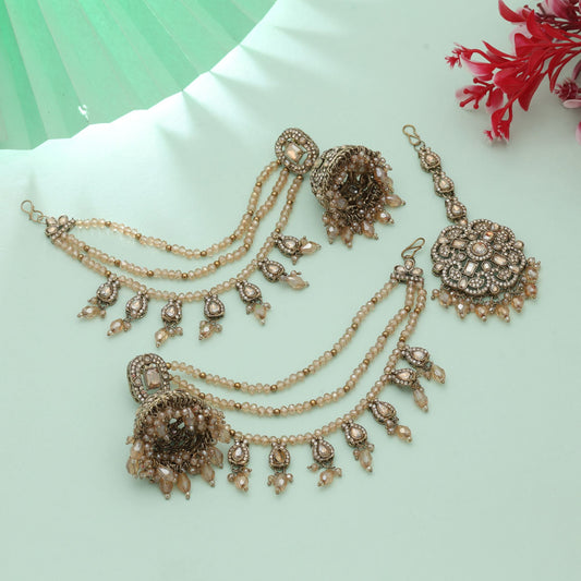 Gold Color Big Size Jhumka Kundan Earrings Tikka Set Classic Royal Statement Jewelry
