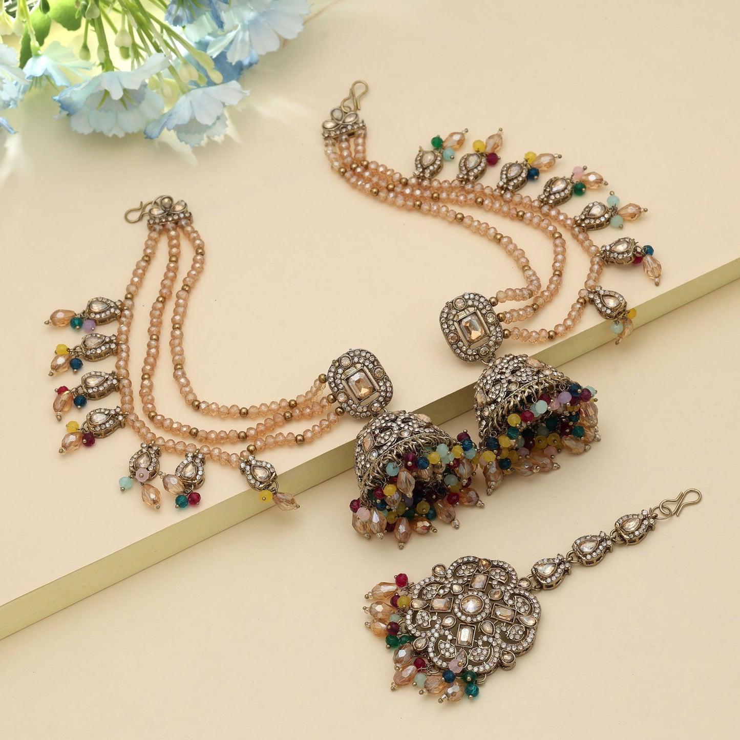 Multi Color Big Size Jhumka Kundan Earrings Tikka Set Vibrant Festive Ethnic Jewelry