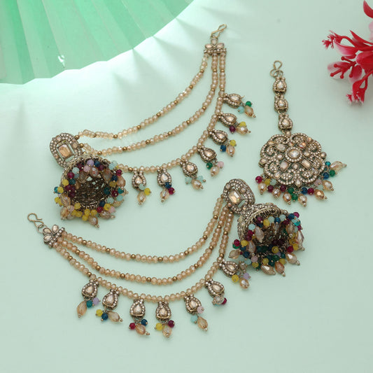 Multi Color Big Size Jhumka Kundan Earrings Tikka Set Vibrant Festive Ethnic Jewelry