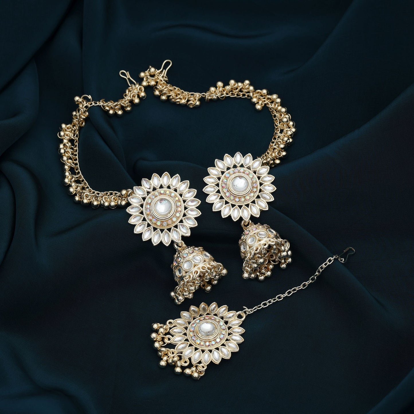White Color Kundan Earrings Tikka Set Stylish Ethnic Party Wear Jewelry Collection