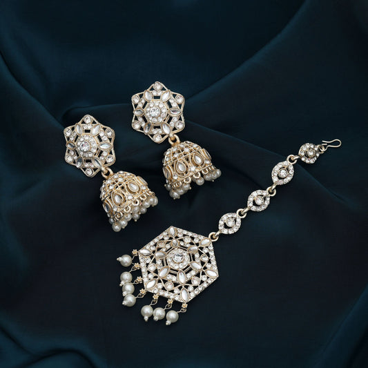 White Color Kundan Earrings Tikka Set Royal Bridal Traditional Jewelry Design