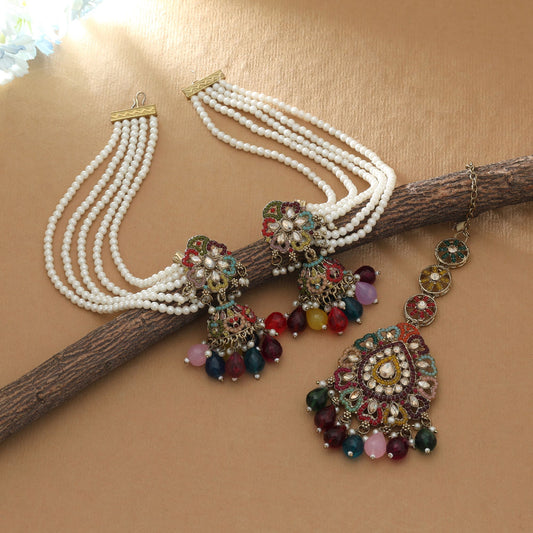 Multi Color Kundan Earrings Tikka Set Trendy Festive Ethnic Jewelry Collection