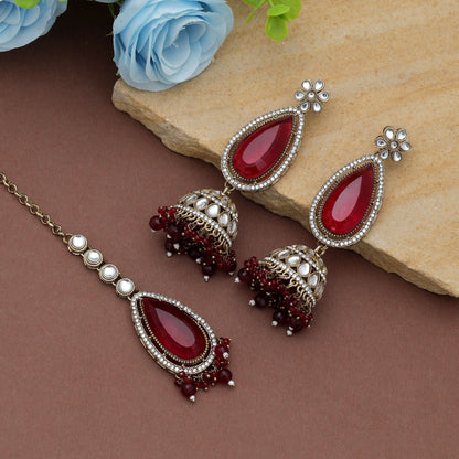 Royale Maroon Farbe Kundan Ohrringe Tikka Set für Braut Traditionelle Partykleidung
