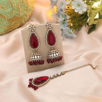 Royale Maroon Farbe Kundan Ohrringe Tikka Set für Braut Traditionelle Partykleidung