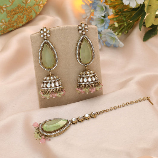 Hochwertiges Pista-Grün & Rosa Kundan Ohrringe Tikka Set für Damen