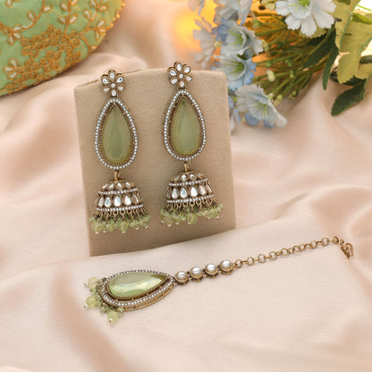 Stylish Pista Green Color Kundan Earrings Tikka Set For Festive Party Wear Collection