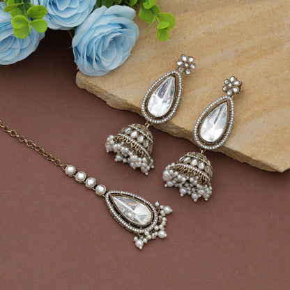Classic White Color Kundan Earrings Tikka Set For Wedding Festive Occasion Styling