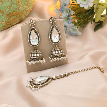 Classic White Color Kundan Earrings Tikka Set For Wedding Festive Occasion Styling