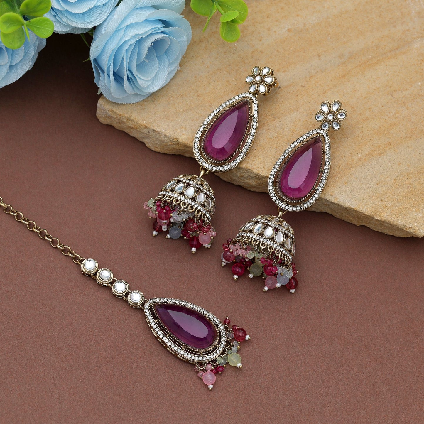 Graceful Multi Color Kundan Earrings Tikka Set For Ethnic Festive Party Collection