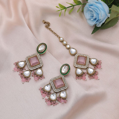 Premium Light Pink Color Kundan Earrings Tikka Set For Wedding Occasion Fashion