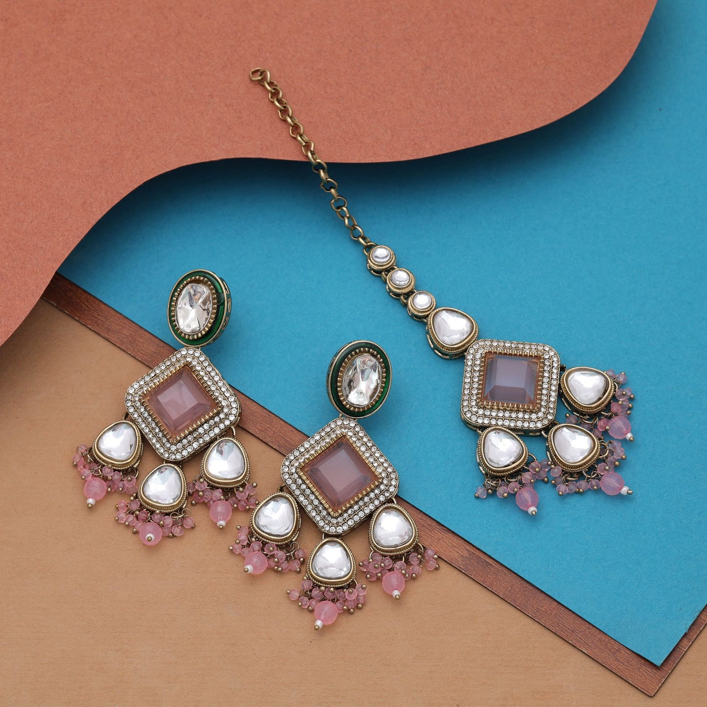 Premium Light Pink Color Kundan Earrings Tikka Set For Wedding Occasion Fashion