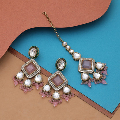 Premium Light Pink Color Kundan Earrings Tikka Set For Wedding Occasion Fashion