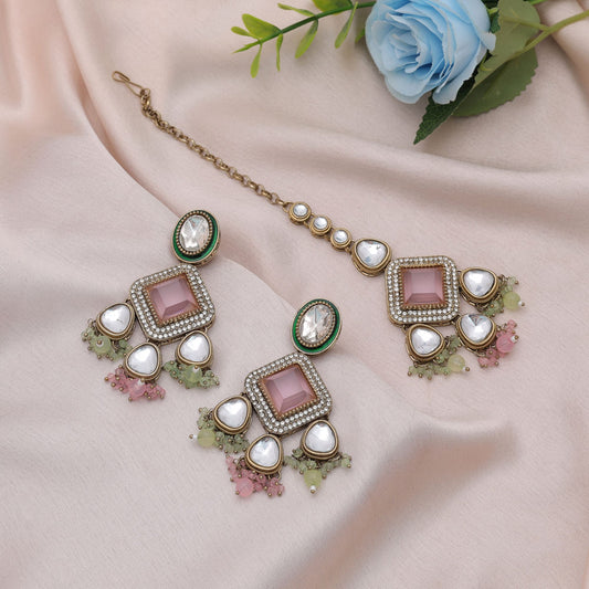Designer Kundan Ohrringe Tikka Set in Pink und Pistaziengrün für Damen