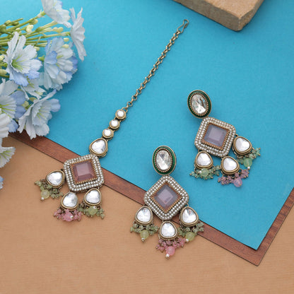 Designer Kundan Ohrringe Tikka Set in Pink und Pistaziengrün für Damen