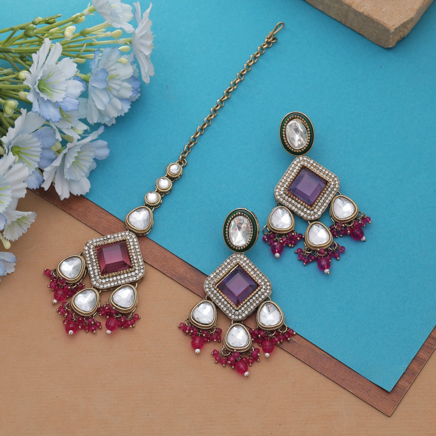 Royal Rani Color Kundan Earrings Tikka Set With Classic Traditional Jewelry Artwork