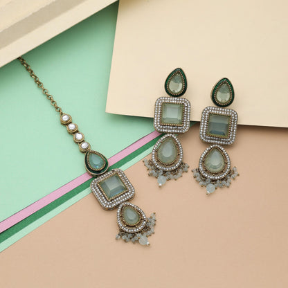Royal Pista Green Color Kundan Earrings Tikka Set For Women Ethnic Collection