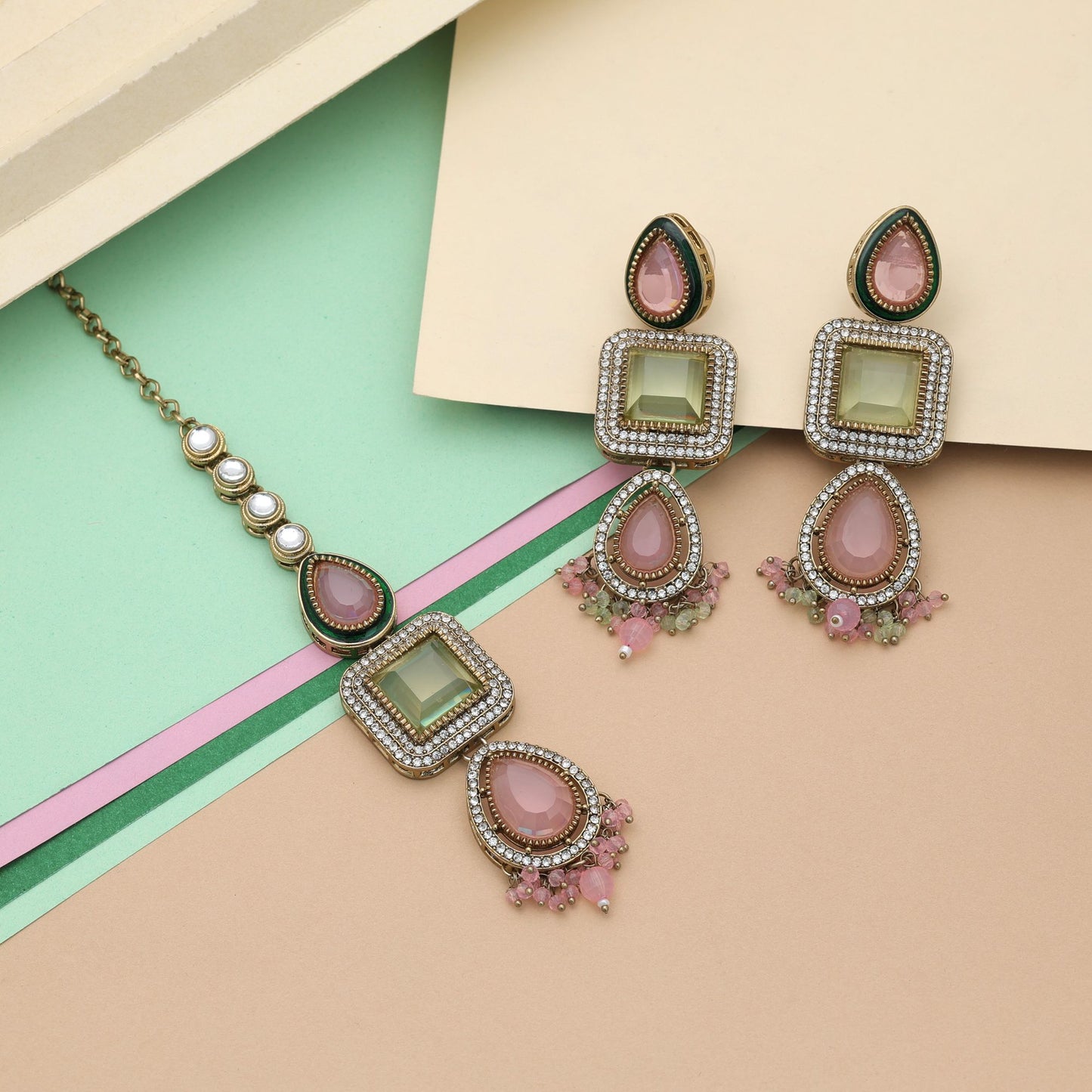 Elegant Pista Green & Pink Color Kundan Earrings Tikka Set For Festive Events