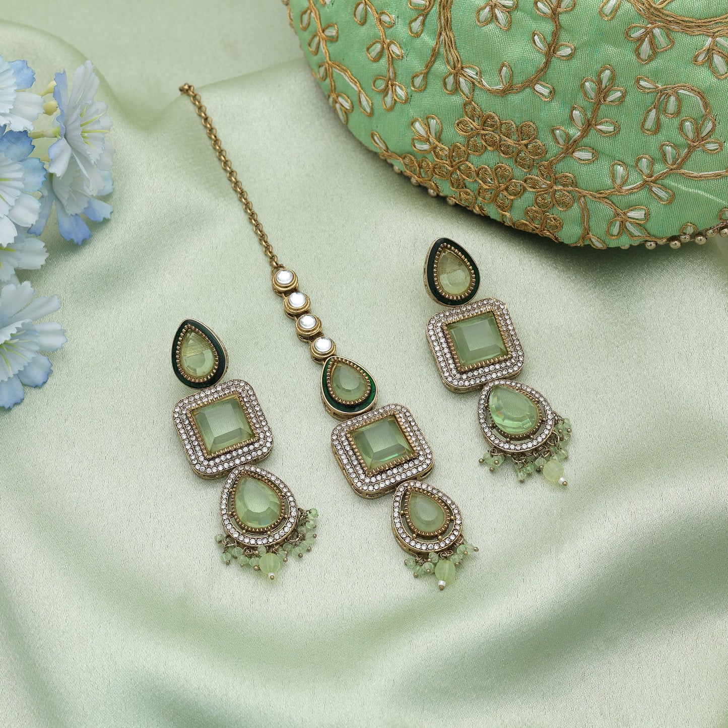 Royal Pista Green Color Kundan Earrings Tikka Set For Women Ethnic Collection