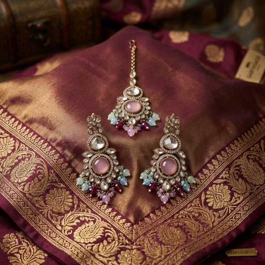 Stylish Multi Color Kundan Earrings Tikka Set With Festive Bridal Jewelry Artwork