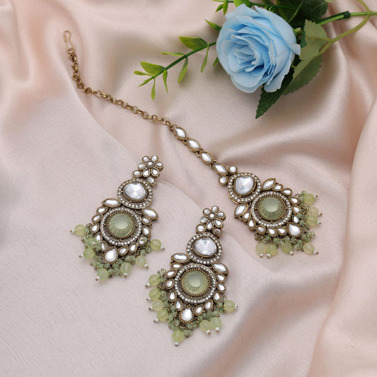 Elegant Pista Green Color Kundan Earrings Tikka Set For Ethnic Wedding Fashion