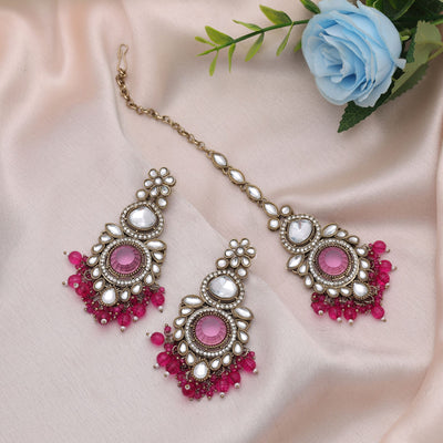 Stylish Rani Color Kundan Earrings Tikka Set For Women Festive Occasion Collection