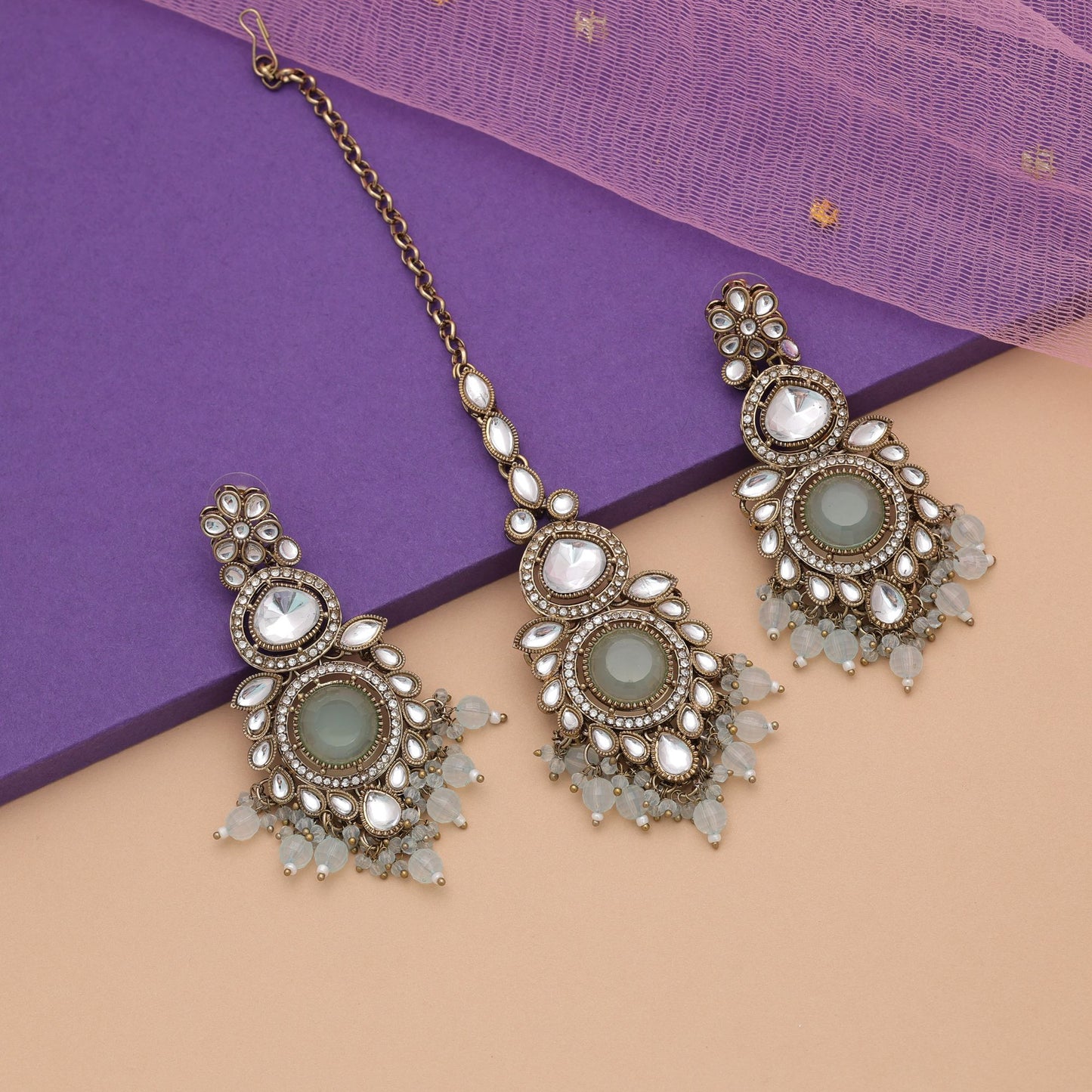 Premium Sky Blue Color Kundan Earrings Tikka Set With Elegant Ethnic Appeal