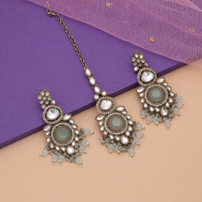 Premium Sky Blue Color Kundan Earrings Tikka Set With Elegant Ethnic Appeal