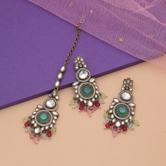 Graceful Multi Color Kundan Earrings Tikka Set For Women Traditional Party Wear
