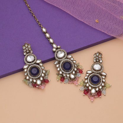 Classic Multi Color Kundan Earrings Tikka Set With Fancy Traditional Artwork Finish