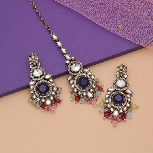 Classic Multi Color Kundan Earrings Tikka Set With Fancy Traditional Artwork Finish
