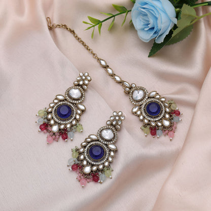 Classic Multi Color Kundan Earrings Tikka Set With Fancy Traditional Artwork Finish