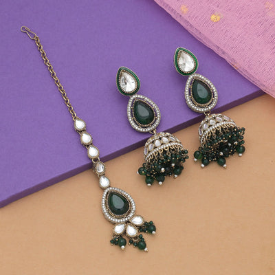 Premium Green Color Kundan Earrings Tikka Set For Women Ethnic Fashion Collection