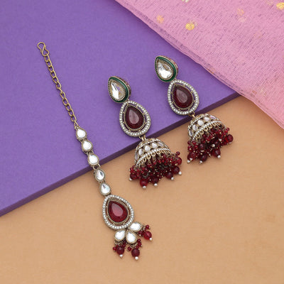 Royal Maroon Color Kundan Earrings Tikka Set For Festive Traditional Jewelry Looks
