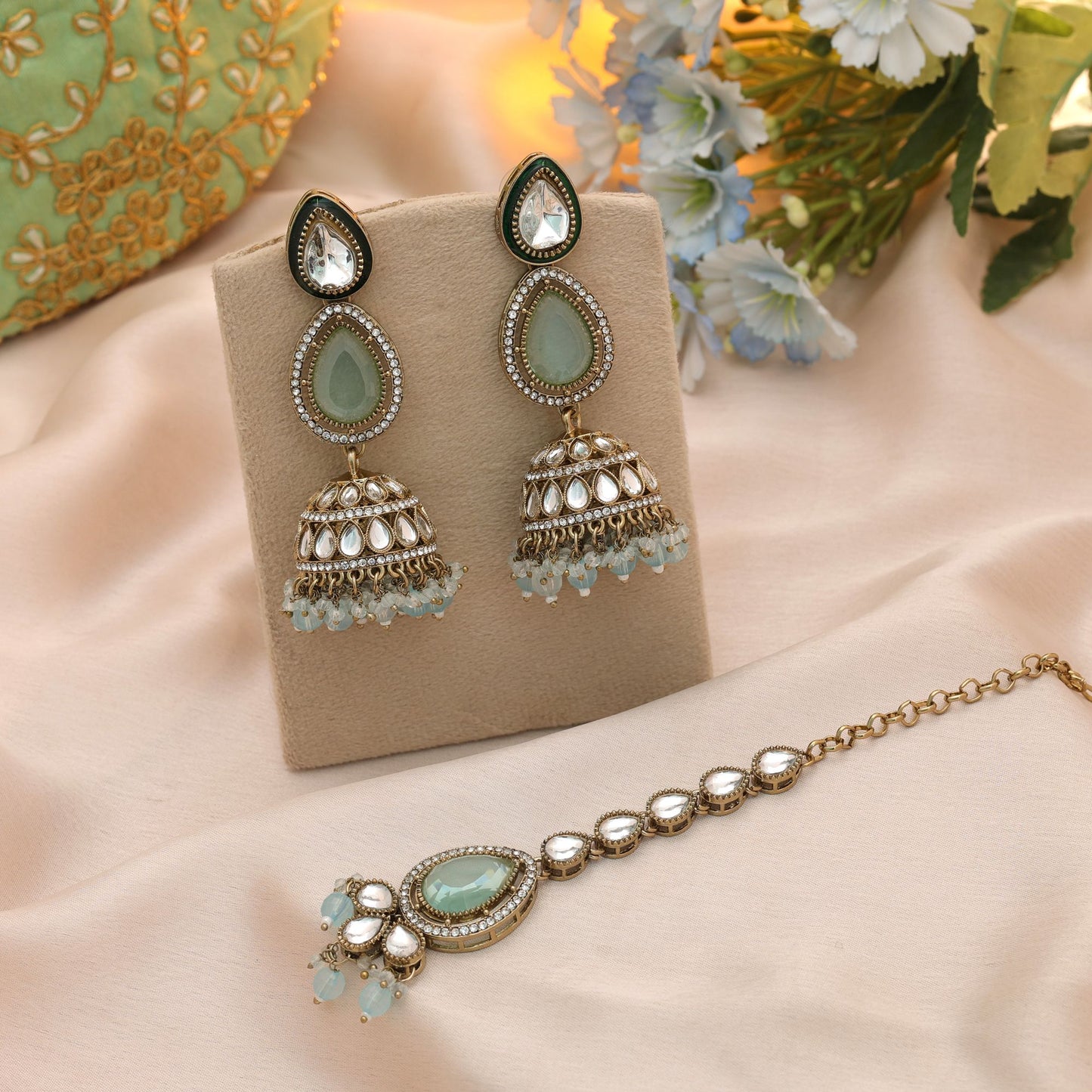 Elegant Sky Blue Color Kundan Earrings Tikka Set With Bridal Jewelry Artwork Design