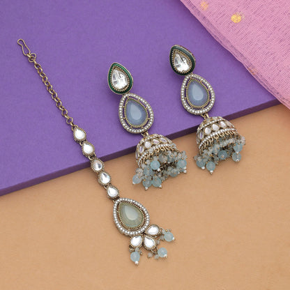 Elegant Sky Blue Color Kundan Earrings Tikka Set With Bridal Jewelry Artwork Design