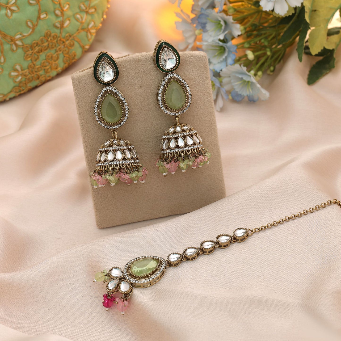 Premium Multi Color Kundan Earrings Tikka Set With Traditional Festive Fashion Appeal