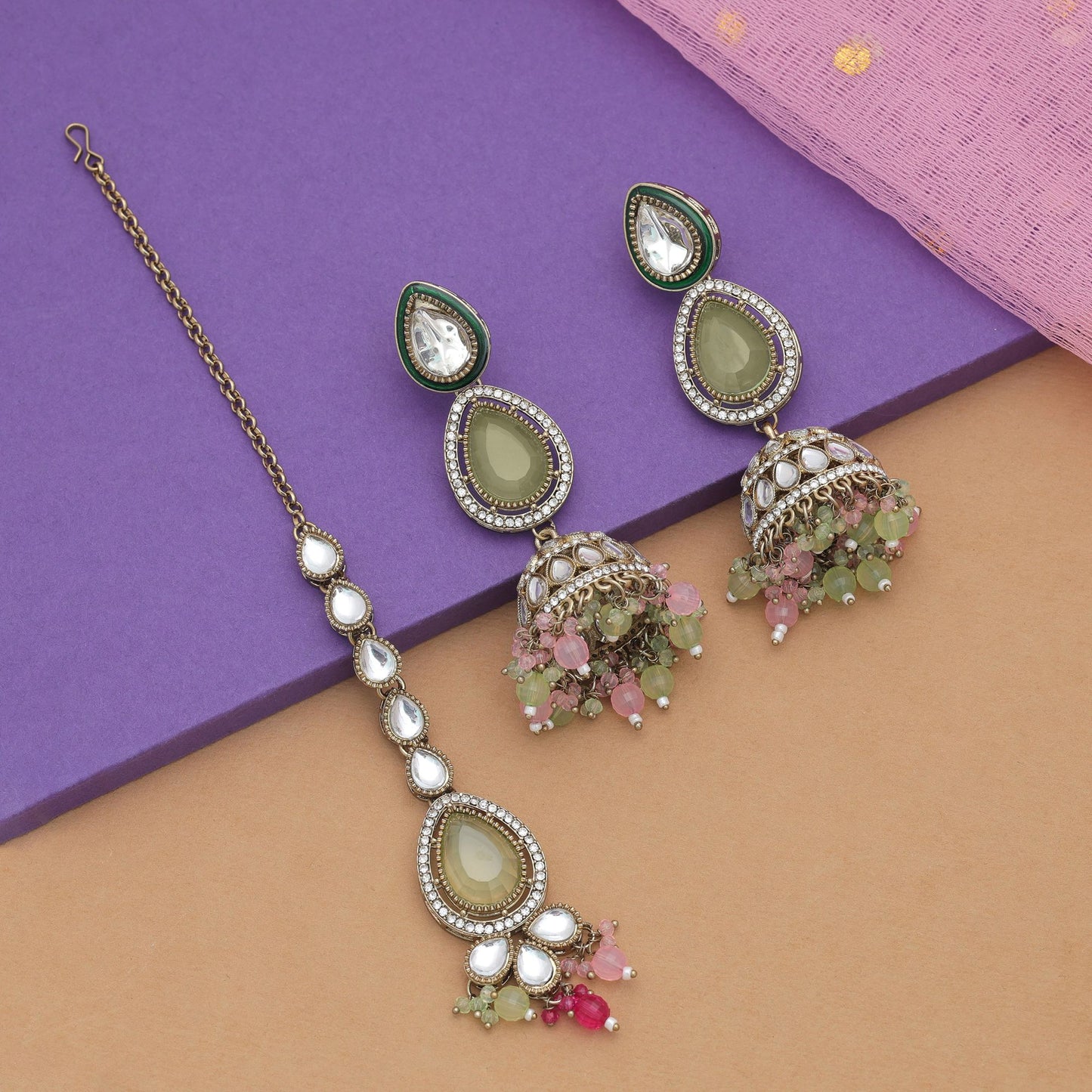 Premium Multi Color Kundan Earrings Tikka Set With Traditional Festive Fashion Appeal